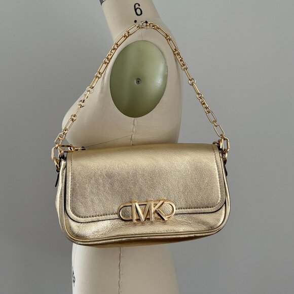 Michael Kors Parker Medium Gold Metallic Leather Shoulder Bag Chain Strap - Picture 2 of 11